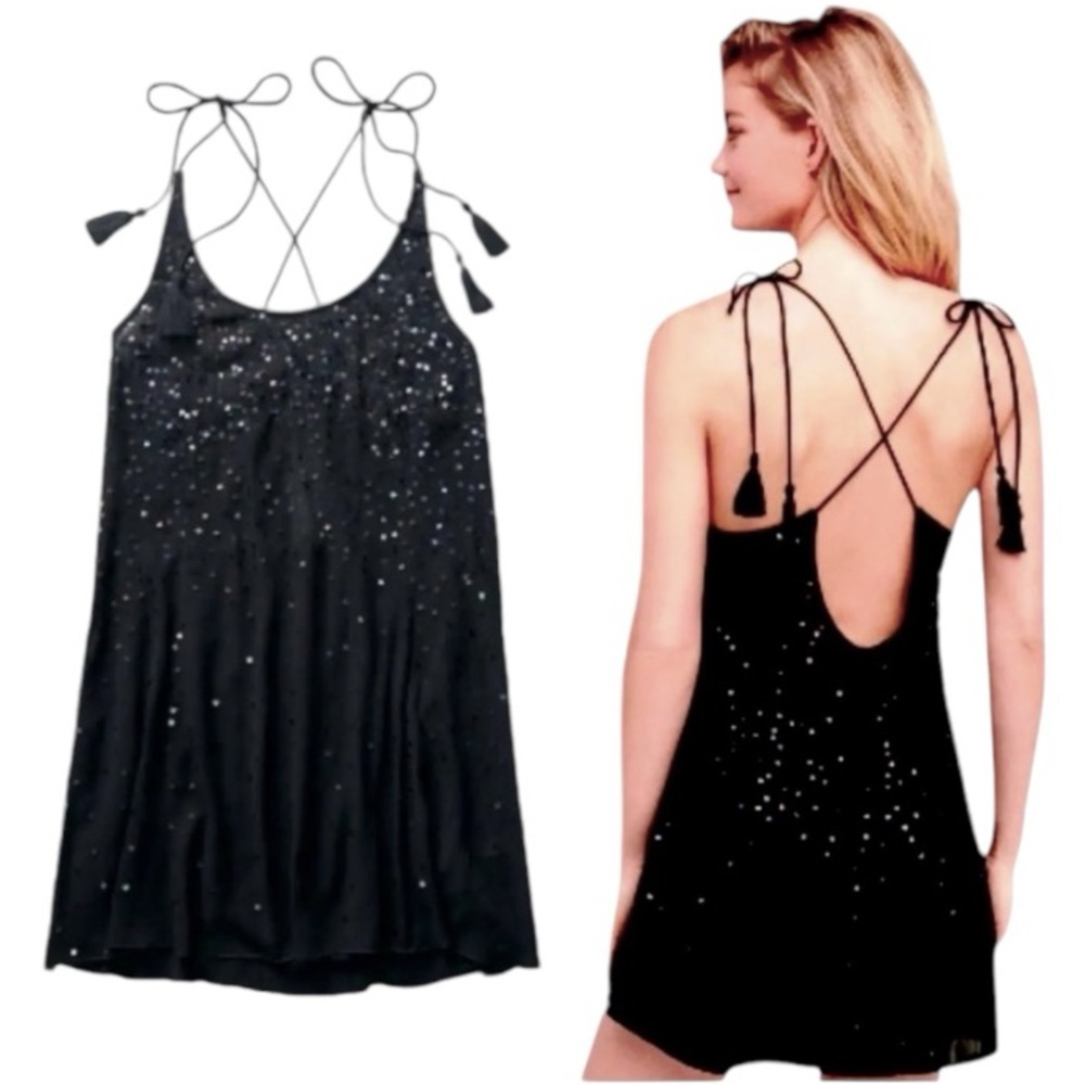 $148 Free People Seeking Sequins Slip Dress Medium 8 10 Black Cross Back Tassels